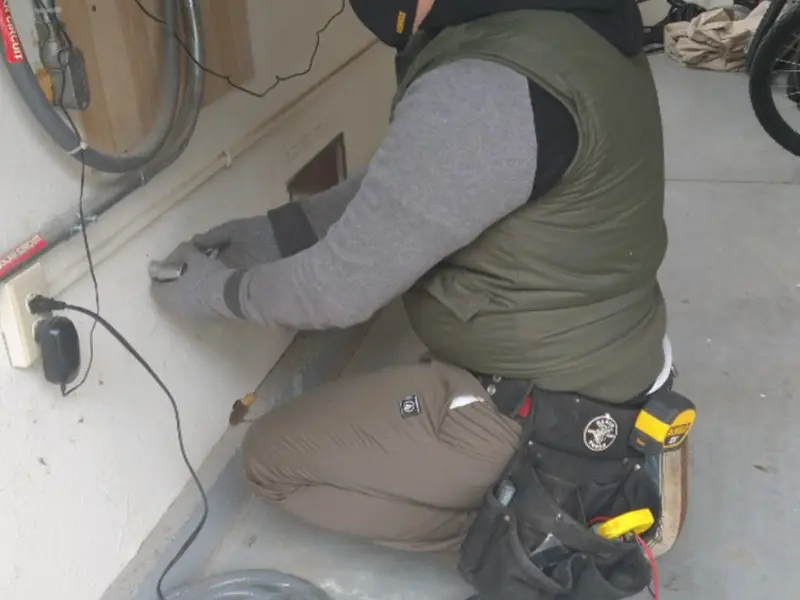Electrician performing outlet wiring in a Rushville garage